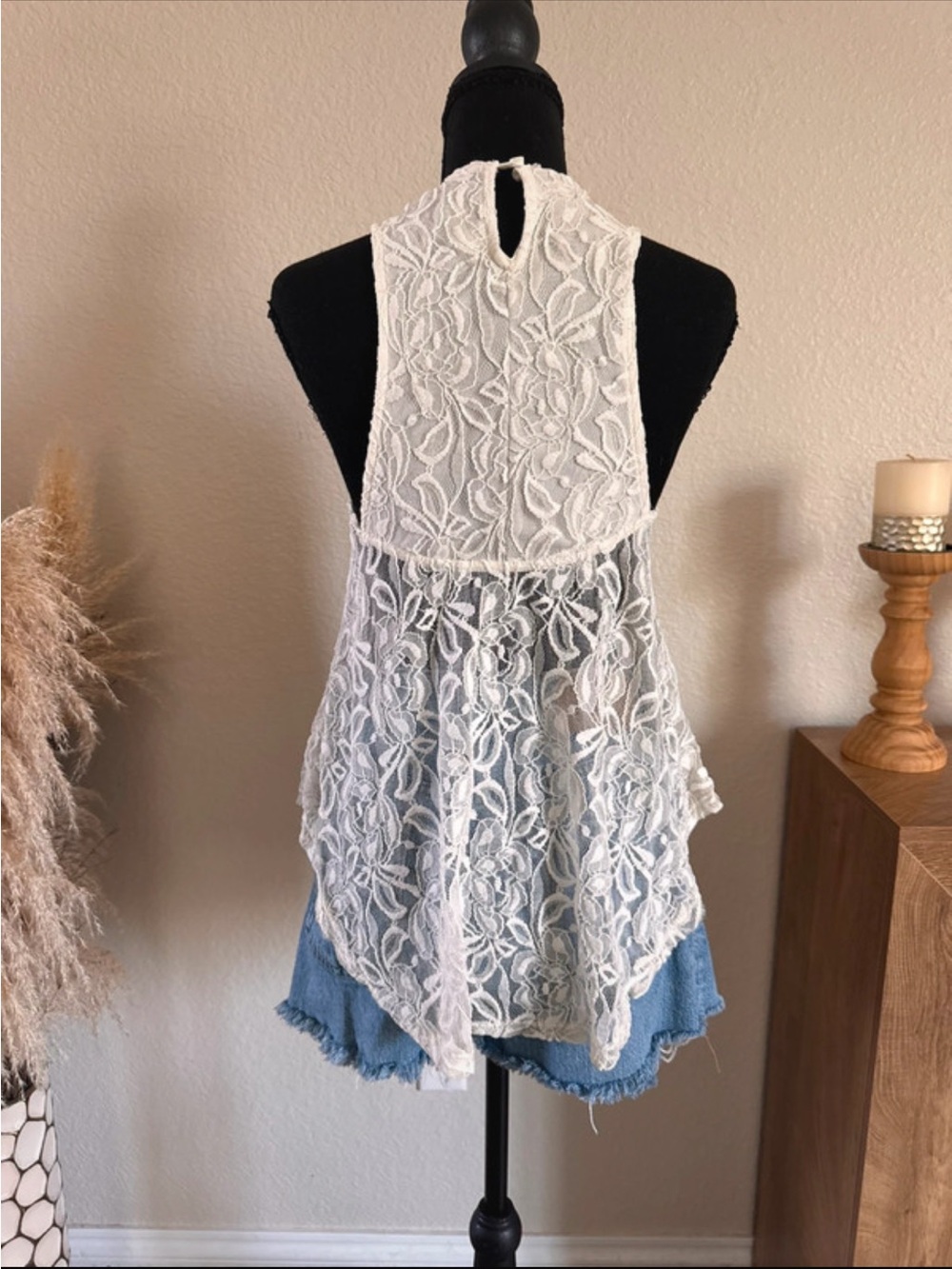Peach Royal Boho White Lace Tank Top Size S High Neck Festival Tunic Blouse